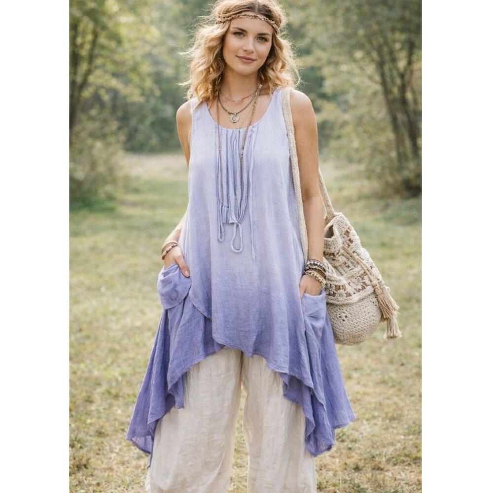 Firmiana Linen Blend Dress Lagenlook Ombre Sharkbite Hem Pockets sz M Oversized